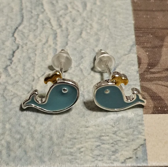 Sterling Silver 925 Whale Earring Studs - Picture 2 of 6